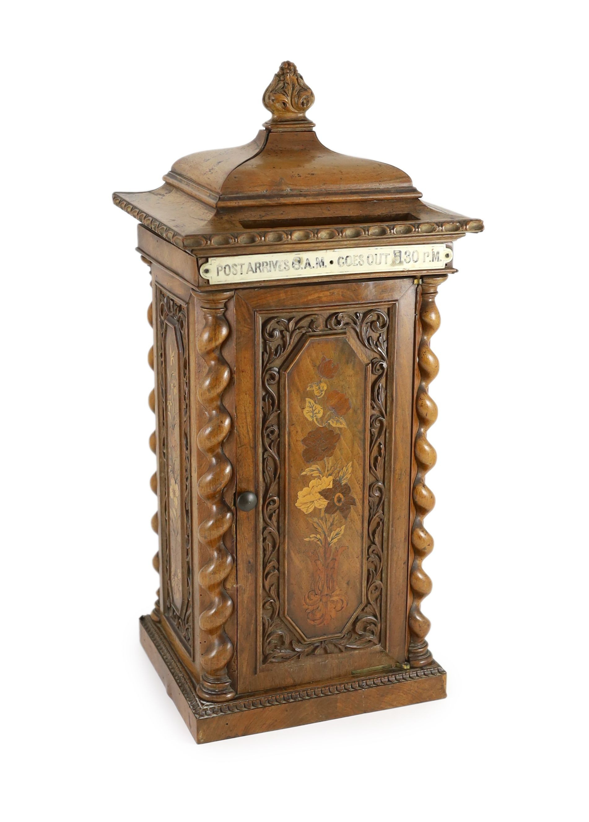 A mid 19th century French marquetry inlaid walnut country house post box, width 26cm depth 24cm height 56cm